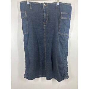 Joy Jeans Womens XL Dark Wash Denim Cargo Maxi Skirt Ruched Side Made in USA